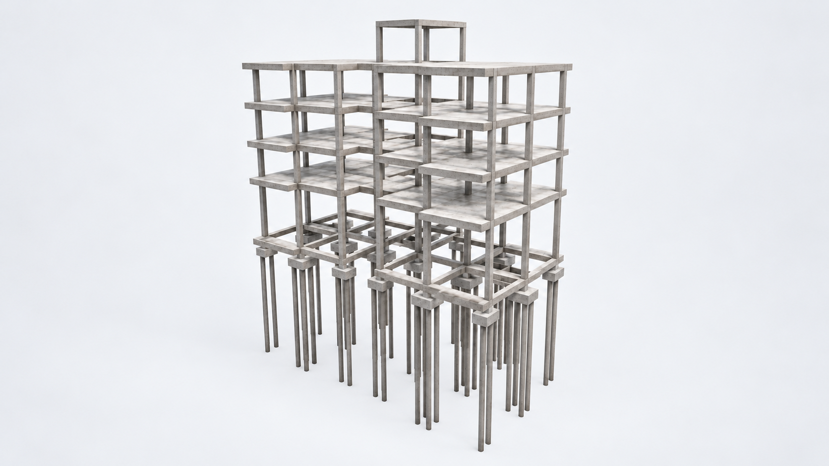 Perspectiva horizontal da estrutura do edifício comercial com térreo, três pavimentos superiores e compartimento técnico na cobertura, com material de concreto e fundações visíveis sobre fundo claro.